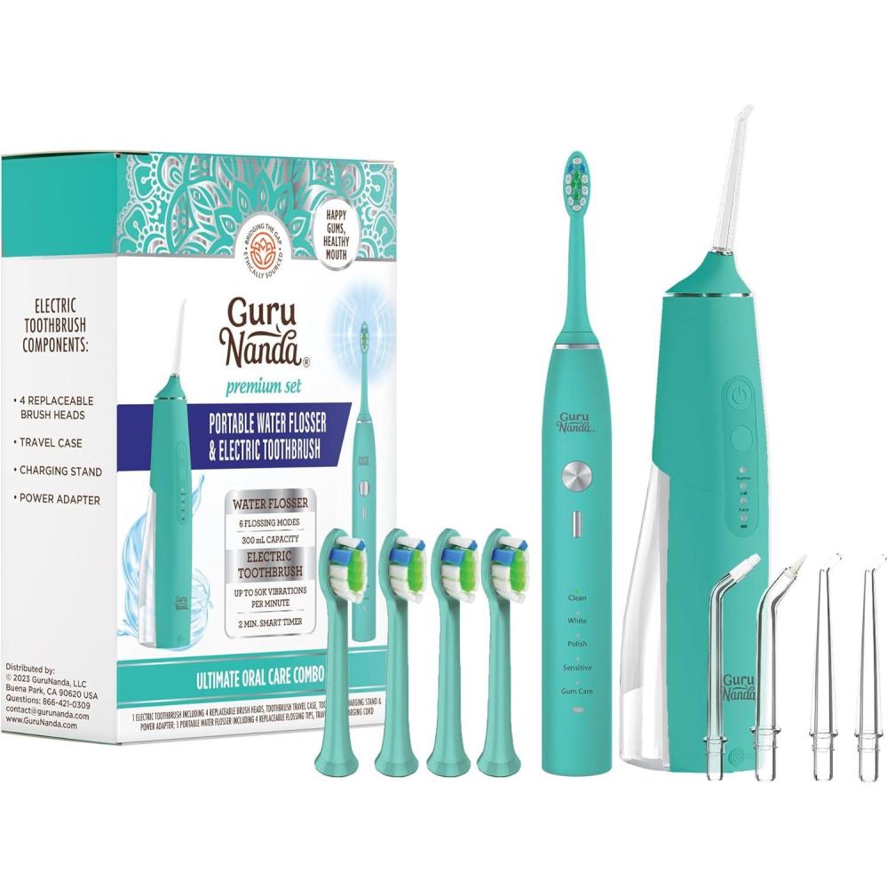 imageGuruNanda Lion ampamp Lamb Kit Teal Portable Water Flosser 300ml with 4 Jet Tips ampamp 5000 mAH Rechargeable Sonic Toothbrush with 4 Brush Heads ampamp More