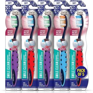 GuruNanda Smile Clean Toothbrush – Big Soft Bristles – Helps Clean Plaque, Whitens Teeth, and Aids in Fresh Breath – BPA-Free Brush for Adults & Kids – 1 Count(1 Count (Pack of 5))