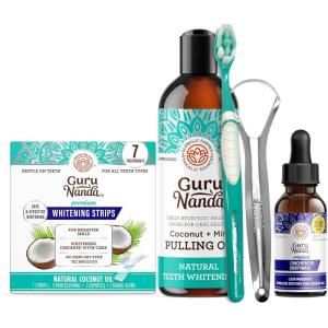 GuruNanda Oral kit containing- Coconut & Peppermint Oil Pulling, Teeth Whitening Strips- 7 Treatments with 14 Strips & Concentrated Mouthwash(2 Fl Oz)