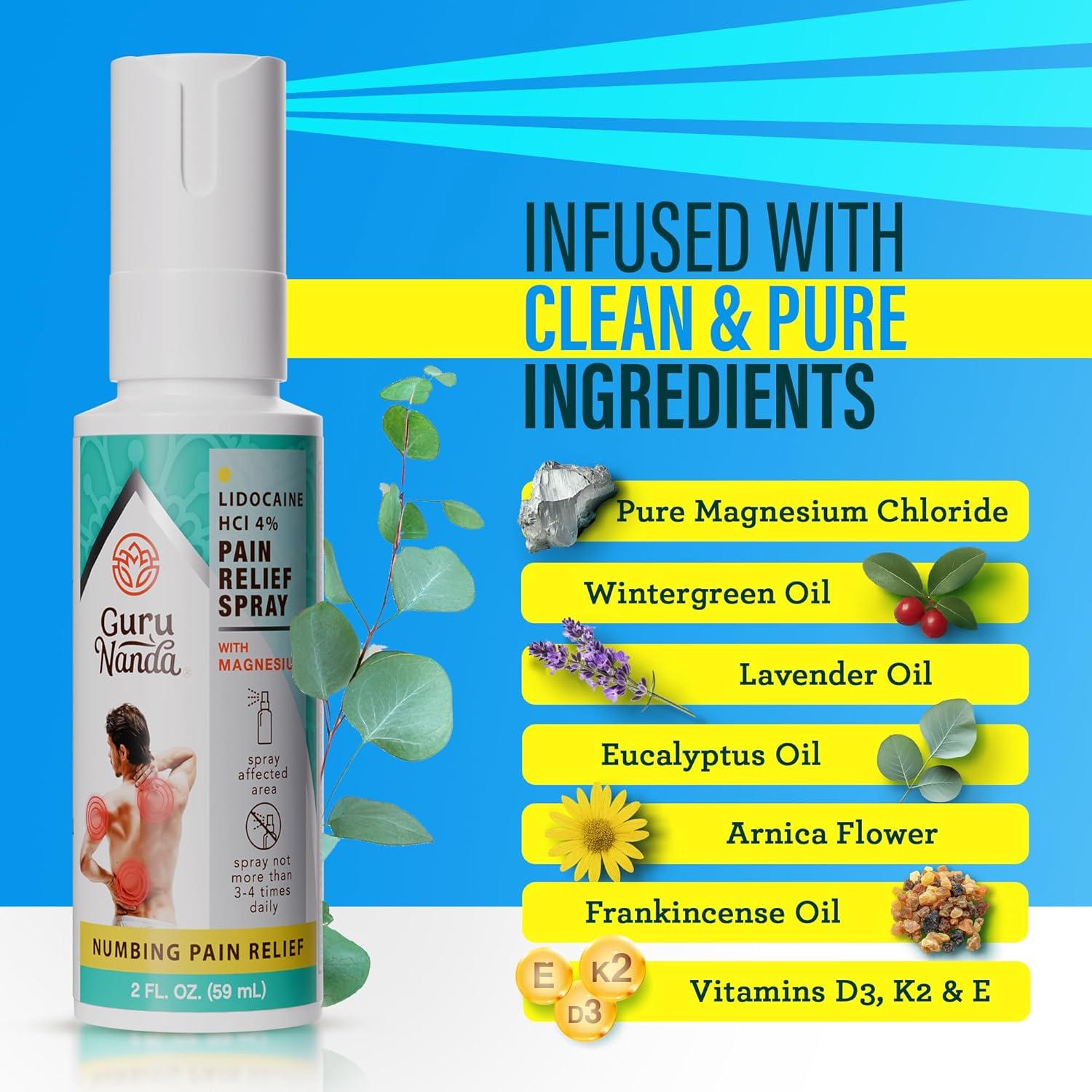 imageGuruNanda Lidocaine 4 Pain Relief Spray with Magnesium FastActing NoMess Numbing Spray for Muscle Joint ampamp Back Pain NonGreasy 2 fl oz