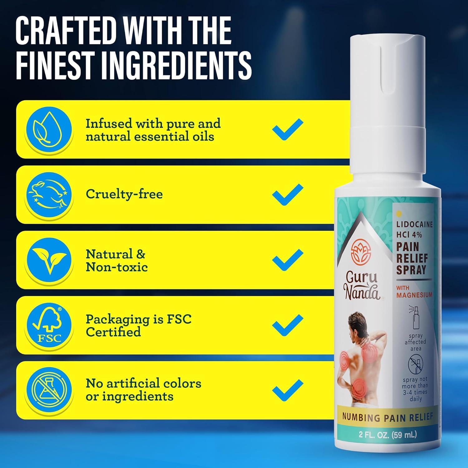 imageGuruNanda Lidocaine 4 Pain Relief Spray with Magnesium FastActing NoMess Numbing Spray for Muscle Joint ampamp Back Pain NonGreasy 2 fl oz