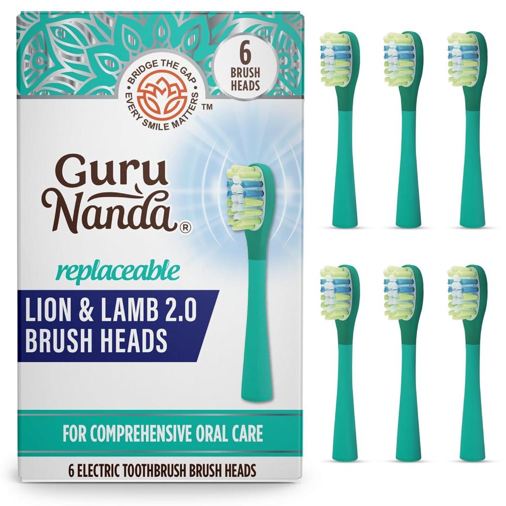 imageGuruNanda Lion ampamp Lamb 20 Replacement Brush Head Pack of 6 RoundEnded Soft Bristles to Help with Plaque Control BPAFree IPX7 Waterproof  LavenderTeal