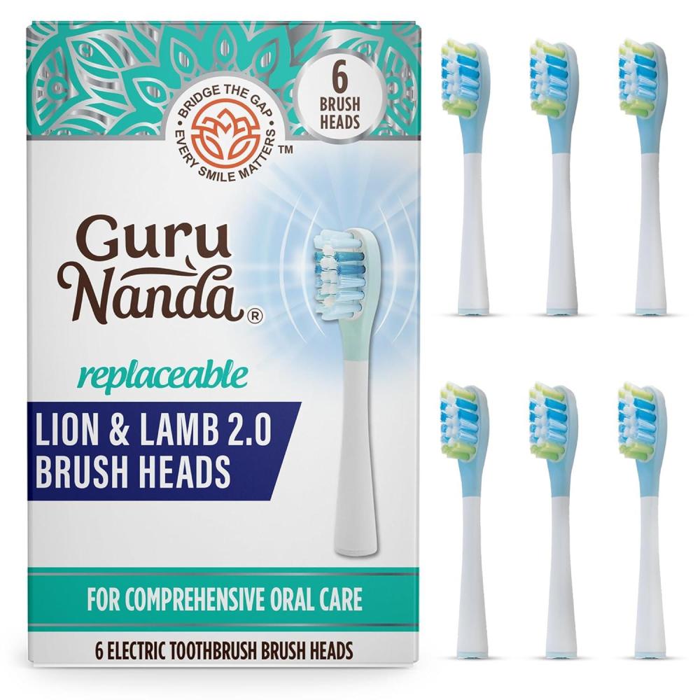 imageGuruNanda Lion ampamp Lamb 20 Replacement Brush Head Pack of 6 RoundEnded Soft Bristles to Help with Plaque Control BPAFree IPX7 Waterproof LavenderWhite