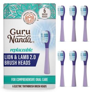 GuruNanda Lion & Lamb 2.0 Replacement Brush Head (Pack of 6), Round-Ended, Soft Bristles to Help with Plaque Control, BPA-Free, IPX7 Waterproof – Lavender(Lavender)