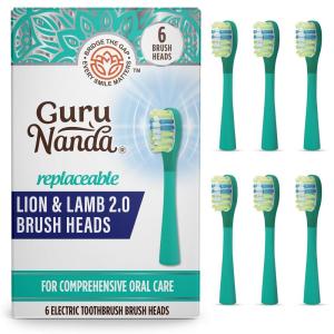 GuruNanda Lion & Lamb 2.0 Replacement Brush Head (Pack of 6), Round-Ended, Soft Bristles to Help with Plaque Control, BPA-Free, IPX7 Waterproof – Lavender(Teal)