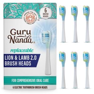 GuruNanda Lion & Lamb 2.0 Replacement Brush Head (Pack of 6), Round-Ended, Soft Bristles to Help with Plaque Control, BPA-Free, IPX7 Waterproof – Lavender(White)