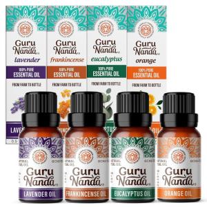 GuruNanda Essential Oils Set (Pack of 4 x 0.5 Fl Oz) – Pure, Natural Frankincense, Lavender, Eucalyptus & Orange Aromatherapy Oils for Diffusers, DIY & Home Use