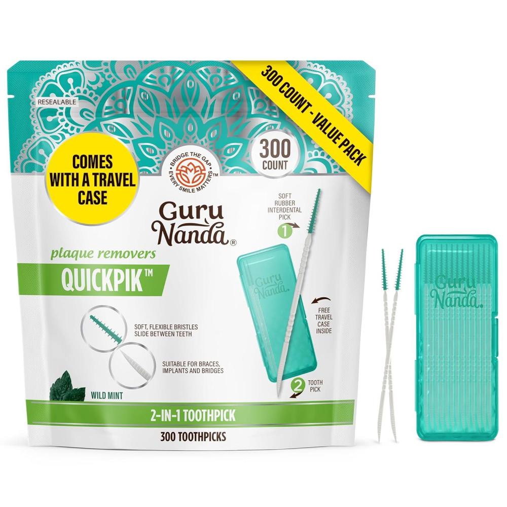 imageGuruNanda 2in1 QuickPik Toothpick ampamp Interdental Pick Soft Rubber Bristles for Plaque Removal ampamp Improved Oral Care Comes with a Travel Case for OnTheGo Use 300 Ct300 Count