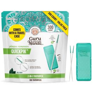 GuruNanda 2-in-1 QuickPik Toothpick & Interdental Pick – Soft Rubber Bristles for Plaque Removal & Improved Oral Care, Comes with a Travel Case for On-The-Go Use, 300 Ct(300 Count)
