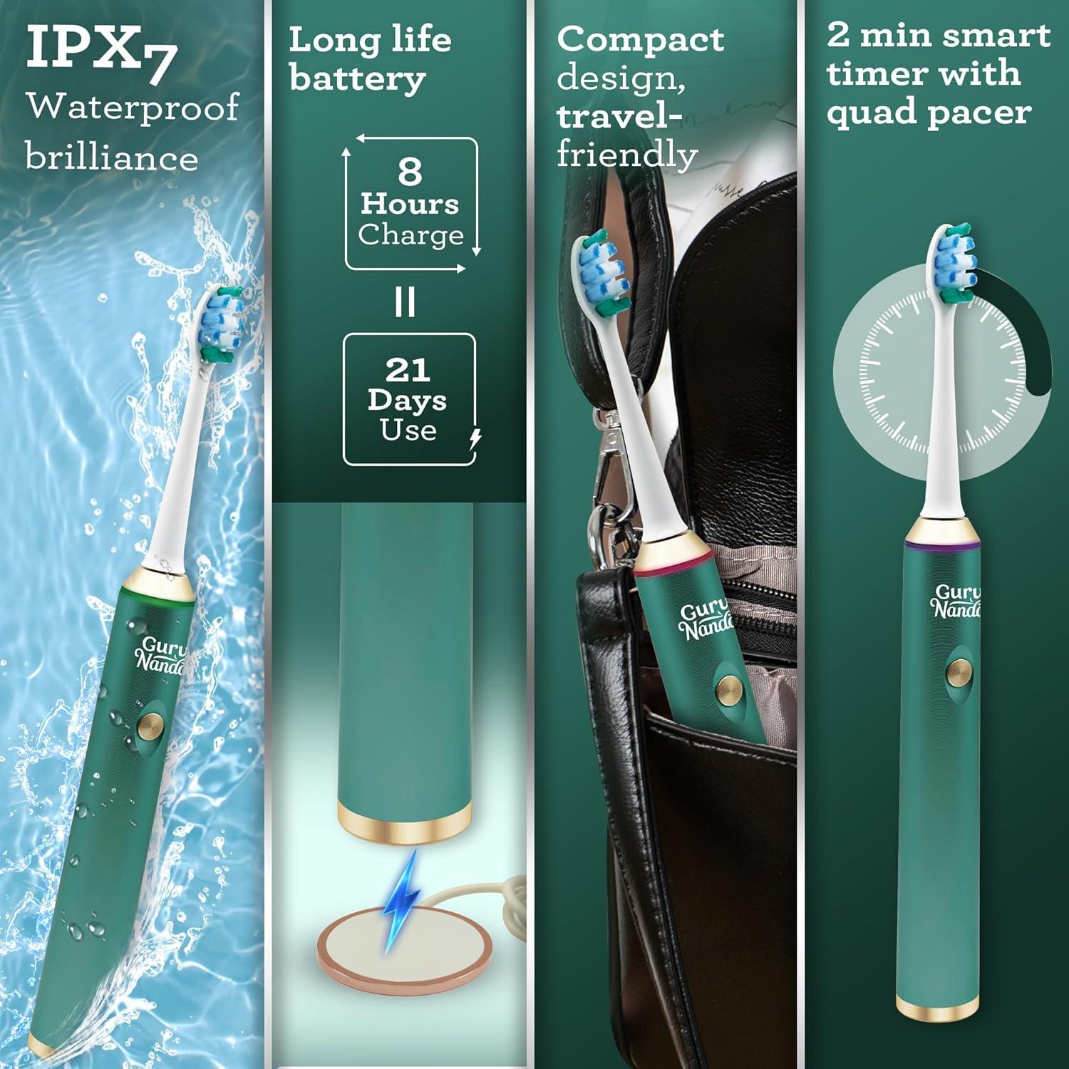 imageGuruNanda Steel Sonic Toothbrush Rechargeable 5 Modes 2 Min Smart Timer amp Replacement Brush Heads TealTeal