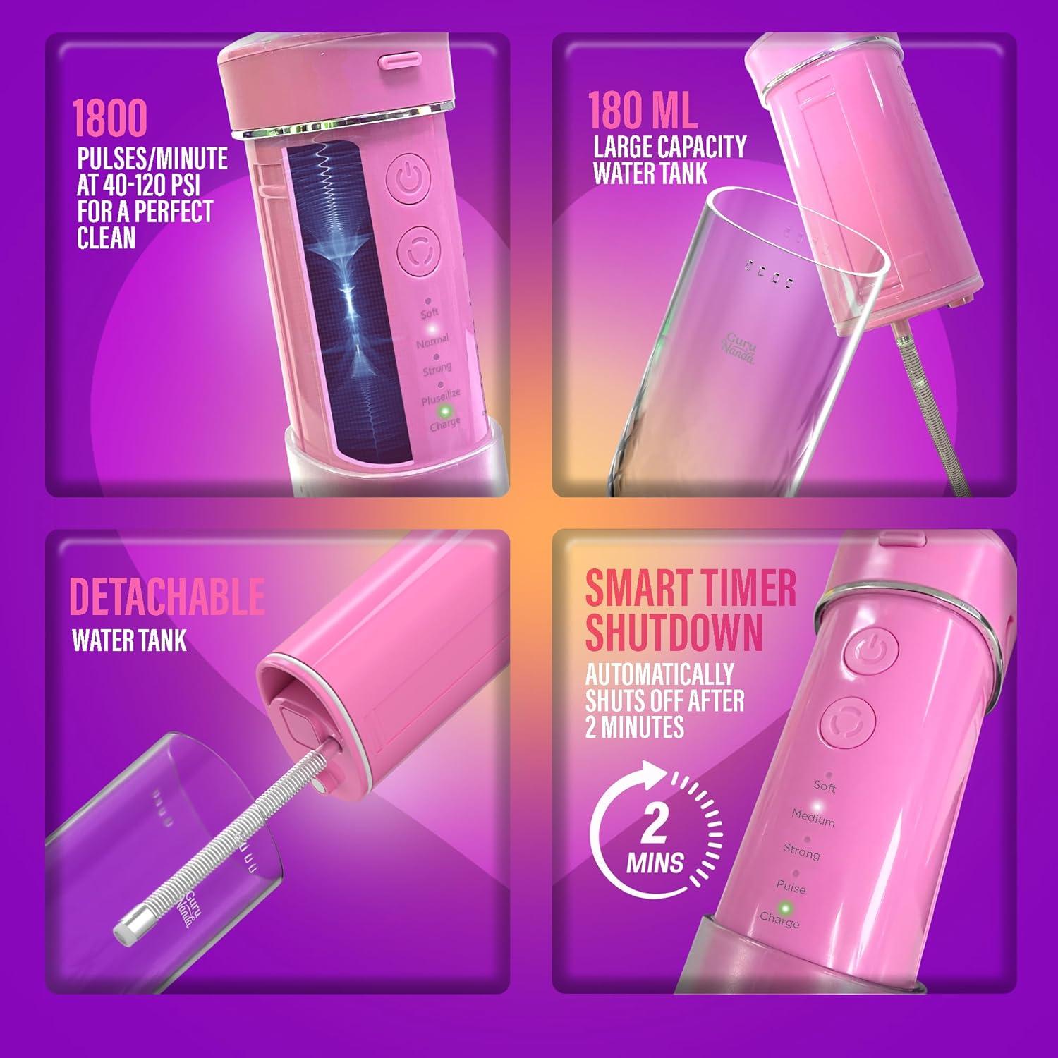 imageGuruNanda Valentines Day Special Compact Water Dental Flosser Portable Travel Size Oral Irrigator Flosser with Collapsible 180 ml Tank Smart Timer 4 Flossing Modes TSAFriendly PinkPink