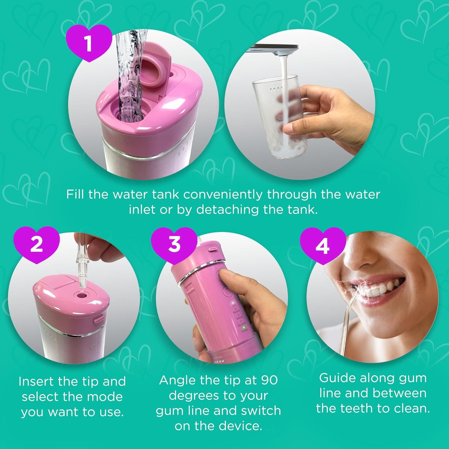 imageGuruNanda Valentines Day Special Compact Water Dental Flosser Portable Travel Size Oral Irrigator Flosser with Collapsible 180 ml Tank Smart Timer 4 Flossing Modes TSAFriendly PinkPink