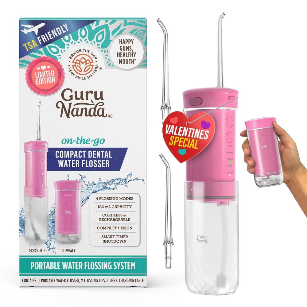 imageGuruNanda Valentines Day Special Compact Water Dental Flosser Portable Travel Size Oral Irrigator Flosser with Collapsible 180 ml Tank Smart Timer 4 Flossing Modes TSAFriendly  PinkPink