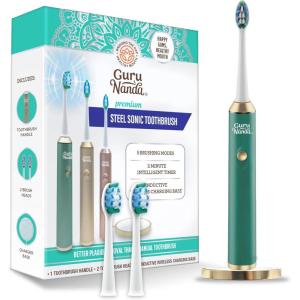GuruNanda Steel Sonic Toothbrush – Rechargeable, 5 Modes, 2 Min Smart Timer & Replacement Brush Heads – Teal(Teal)
