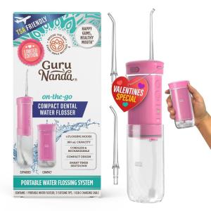 GuruNanda Valentine’s Day Special Compact Water Dental Flosser, Portable Travel Size Oral Irrigator Flosser with Collapsible 180 ml Tank, Smart Timer, 4 Flossing Modes, TSA-Friendly – Pink(Pink)