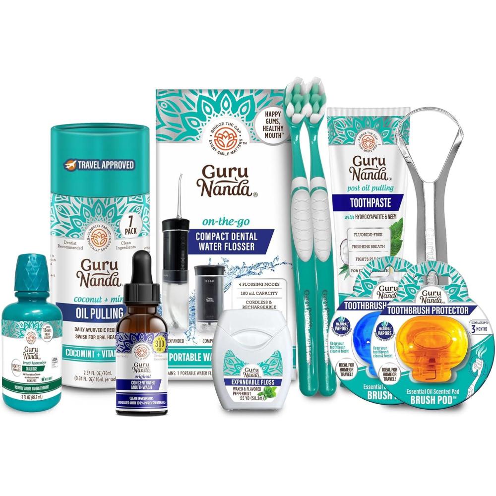imageGuruNanda Travel Bundle Oil Pulling Sachets Hydroxyapatite Toothpaste Compact Water Flosser BOG Toothbrush Concentrated amp Oral Rinse Mouthwash Tongue Scraper Expandable Floss amp Brush Pods