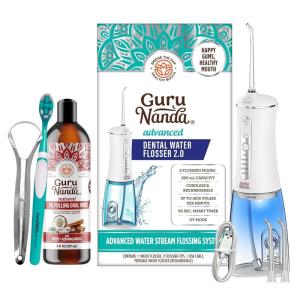 GuruNanda Ashwagandha Oil Pulling (8 Fl Oz)-100% Pure Blend of Coconut with Essential Oils & Advanced Dental Water Flosser 2.0 – Cordless & Portable