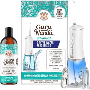 GuruNanda Coconut & Peppermint Oil Pulling (8 Fl Oz)-100% Pure Blend of Coconut with Essential Oils & Advanced Dental Water Flosser 2.0 – Cordless & Portable