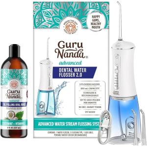 GuruNanda Oil Pulling (8 Fl Oz)-100% Pure Blend of Coconut with Essential Oils & Advanced Dental Water Flosser 2.0 – Cordless & Portable