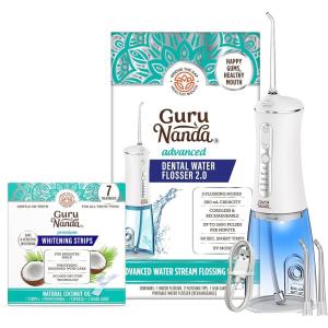 GuruNanda Teeth Whitening Strips (7 Treatments) – Enamel-Safe Strips for Sensitive Teeth & Advanced Dental Water Flosser 2.0 – Cordless & Portable