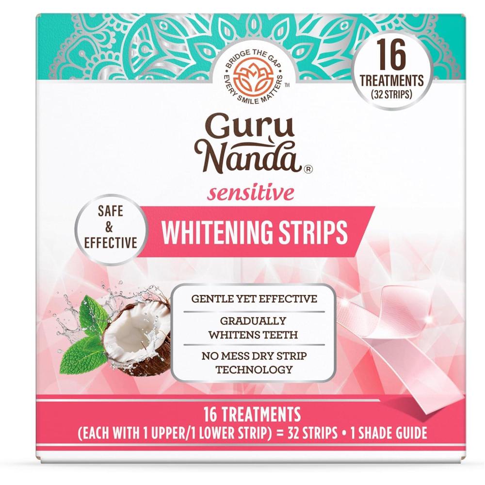 imageGuruNanda Sensitive Whitening Strips with Coconut Oil 16 Treatments Gentle NoMess Dry Strip Technology Natural Mint Flavor