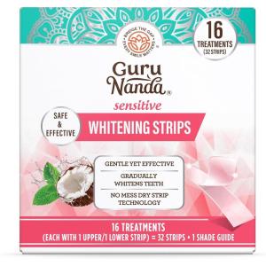 GuruNanda Sensitive Whitening Strips with Coconut Oil – 16 Treatments – Gentle No-Mess Dry Strip Technology, Natural Mint Flavor