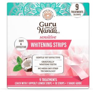 GuruNanda Sensitive Whitening Strips with Coconut Oil – 9 Treatments – Gentle No-Mess Dry Strip Technology, Natural Mint Flavor