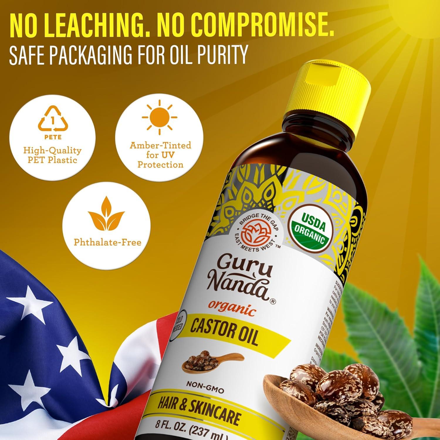 imageGuruNanda Castor Oil Organic USDA Certified 8 Fl oz 100 Pure amp Natural Cold Pressed amp HexaneFree Hydrating Carrier Oil for Skin Hair Eyebrows amp Eyelashes Growth8 Fl Oz Pack of 1