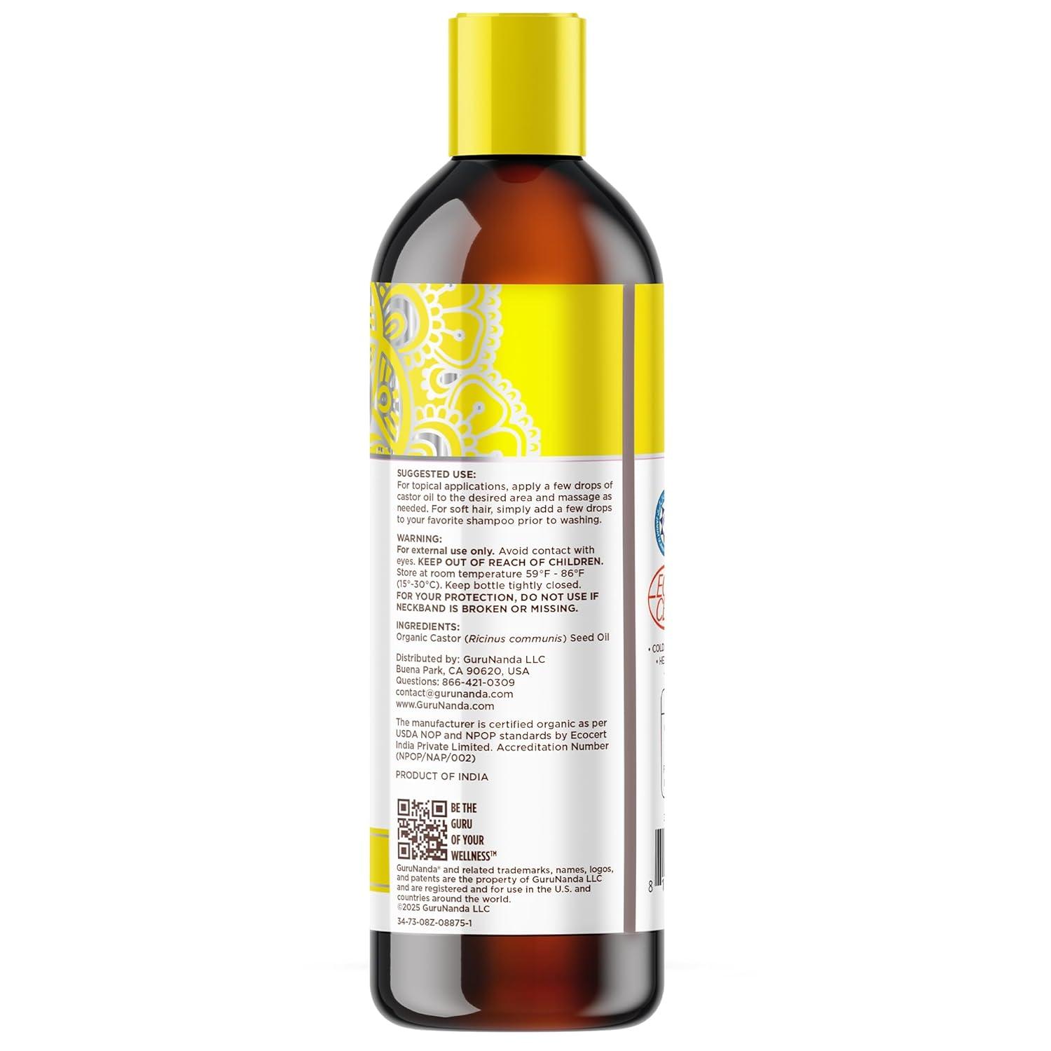 imageGuruNanda Castor Oil Organic USDA Certified 8 Fl oz 100 Pure amp Natural Cold Pressed amp HexaneFree Hydrating Carrier Oil for Skin Hair Eyebrows amp Eyelashes Growth8 Fl Oz Pack of 1