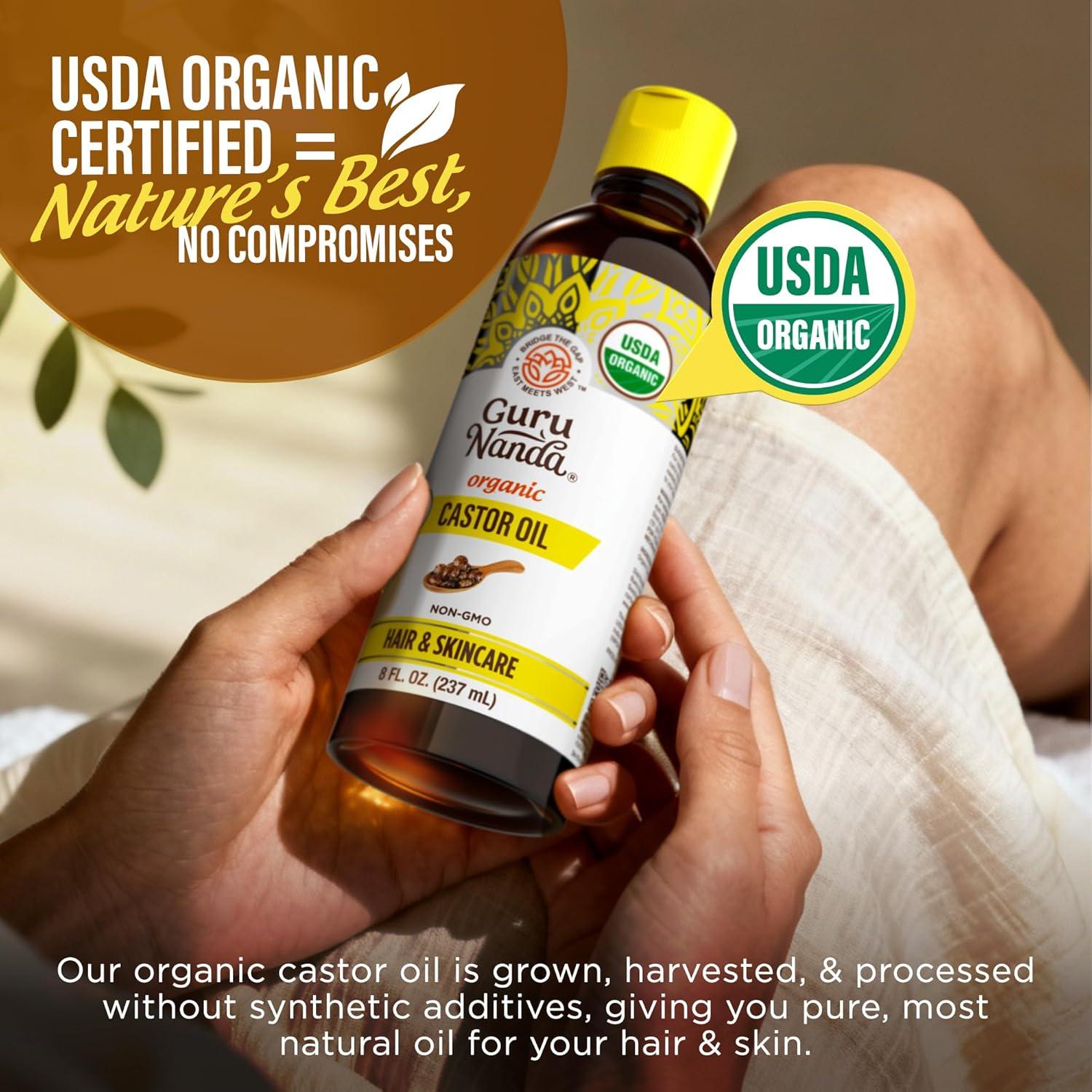 imageGuruNanda Castor Oil Organic USDA Certified 8 Fl oz 100 Pure amp Natural Cold Pressed amp HexaneFree Hydrating Carrier Oil for Skin Hair Eyebrows amp Eyelashes Growth8 Fl Oz Pack of 2