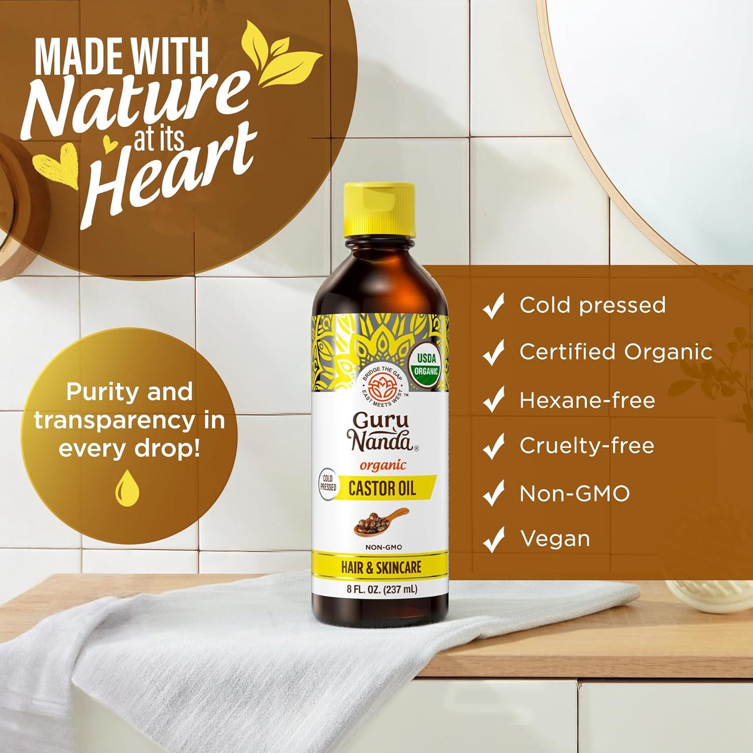 imageGuruNanda Castor Oil Organic USDA Certified 8 Fl oz 100 Pure amp Natural Cold Pressed amp HexaneFree Hydrating Carrier Oil for Skin Hair Eyebrows amp Eyelashes Growth8 Fl Oz Pack of 2