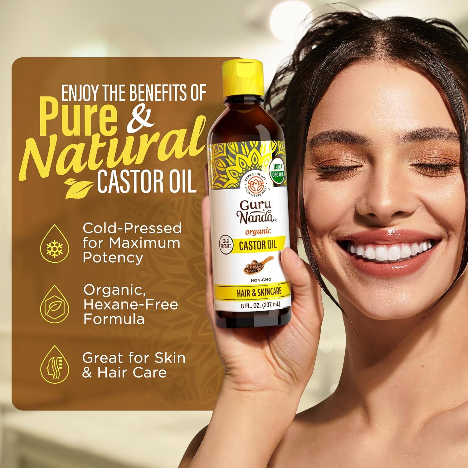 imageGuruNanda Castor Oil Organic USDA Certified 8 Fl oz 100 Pure amp Natural Cold Pressed amp HexaneFree Hydrating Carrier Oil for Skin Hair Eyebrows amp Eyelashes Growth8 Fl Oz Pack of 1