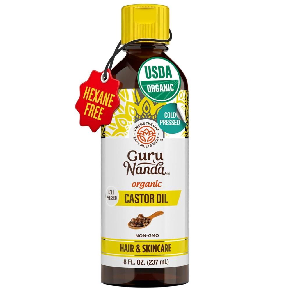 imageGuruNanda Castor Oil Organic USDA Certified 8 Fl oz 100 Pure amp Natural Cold Pressed amp HexaneFree Hydrating Carrier Oil for Skin Hair Eyebrows amp Eyelashes Growth8 Fl Oz Pack of 1