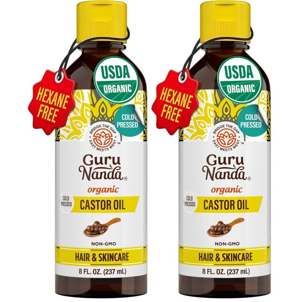 imageGuruNanda Castor Oil Organic USDA Certified 8 Fl oz 100 Pure amp Natural Cold Pressed amp HexaneFree Hydrating Carrier Oil for Skin Hair Eyebrows amp Eyelashes Growth8 Fl Oz Pack of 2