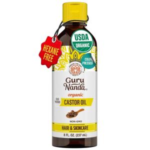 GuruNanda Castor Oil Organic USDA Certified (8 Fl oz) – 100% Pure & Natural, Cold Pressed & Hexane-Free, Hydrating Carrier Oil for Skin, Hair, Eyebrows & Eyelashes Growth(8 Fl Oz (Pack of 1))