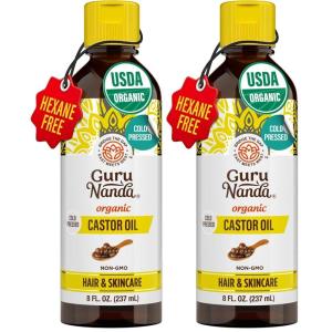 GuruNanda Castor Oil Organic USDA Certified (8 Fl oz) – 100% Pure & Natural, Cold Pressed & Hexane-Free, Hydrating Carrier Oil for Skin, Hair, Eyebrows & Eyelashes Growth(8 Fl Oz (Pack of 2))