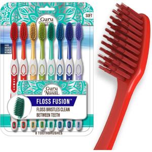 GuruNanda Floss Fusion Toothbrush with Dual Action Soft Flossing Bristles, Ultra-fine Tapered Bristles for Deeper Cleaning, BPA & PFAS-Free, 8 Count(Pack of 8)