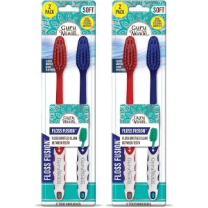GuruNanda Floss Fusion Toothbrush with Dual Action Soft Flossing Bristles, Ultra-fine Tapered Bristles for Deeper Cleaning, BPA & PFAS-Free, 8 Count(Pack of 4)