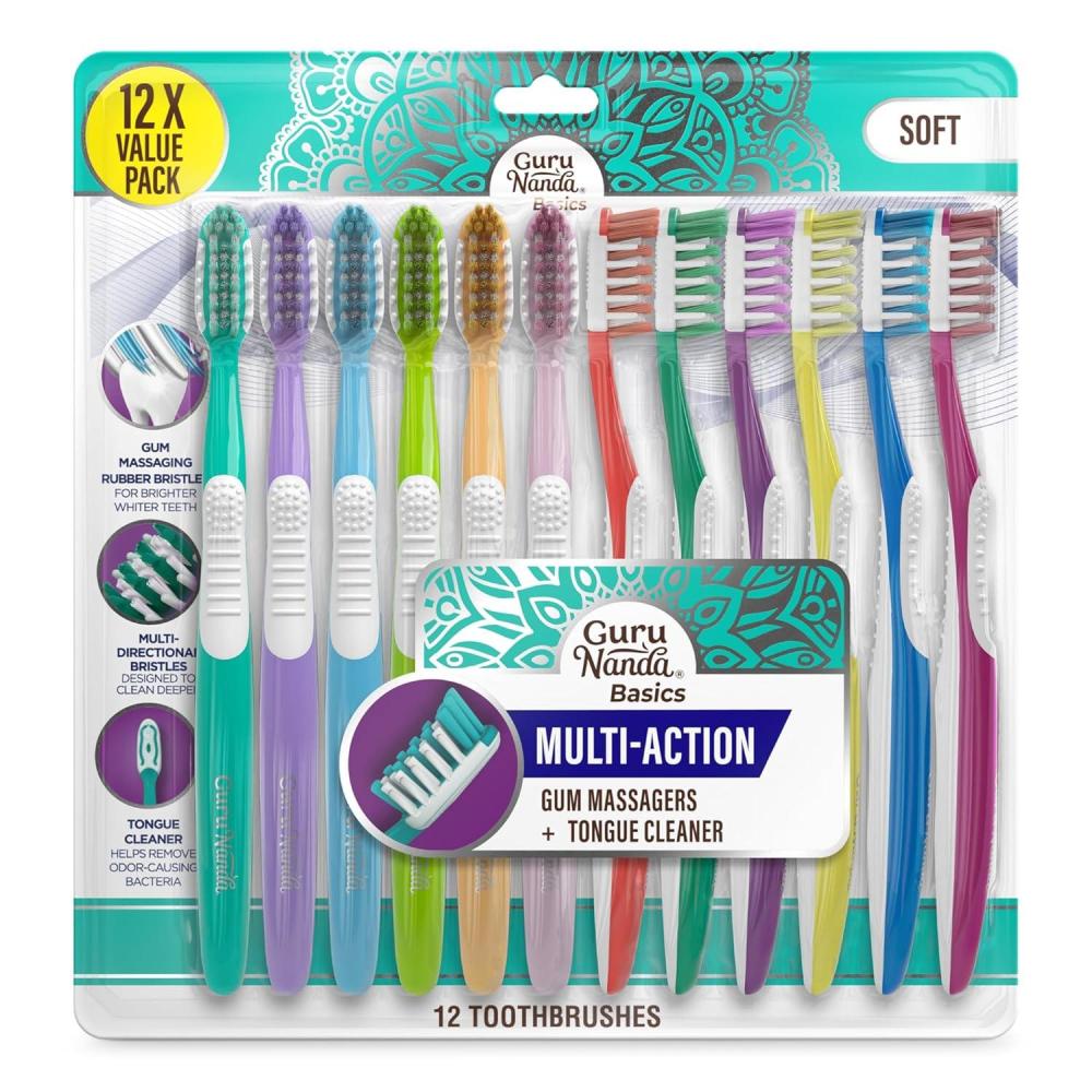imageGuruNanda MultiAction Directional Bristle Toothbrush with Tongue Cleaner Ergonomic Handle Soft Bristles 12 Count
