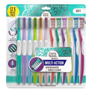 GuruNanda Multi-Action Directional Bristle Toothbrush with Tongue Cleaner, Ergonomic Handle, Soft Bristles, 12 Count
