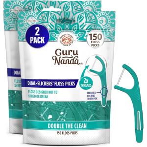 GuruNanda Dual Slickers Floss Picks – Double Threaded Dyneema Dental Floss with Foldable Toothpick for Effective Plaque Removal – Unflavored (Pack of 300)(1 Count (Pack of 300))
