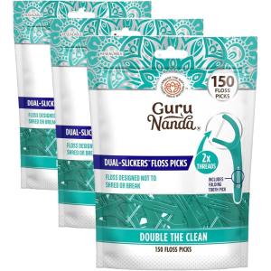 GuruNanda Dual Slickers Floss Picks – Double Threaded Dyneema Dental Floss with Foldable Toothpick for Effective Plaque Removal – Unflavored (Pack of 300)(1 Count (Pack of 450))
