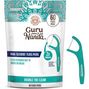GuruNanda Dual Slickers Floss Picks – Double Threaded Dyneema Dental Floss with Foldable Toothpick for Effective Plaque Removal – Unflavored (Pack of 300)(1 Count (Pack of 60))