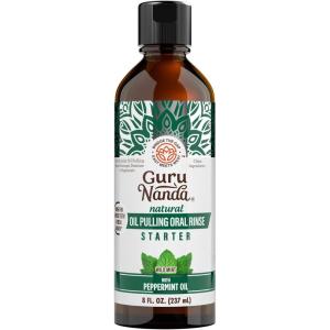 GuruNanda Starter Pulling Oil Mouthwash for Natural Teeth Whitening, Coconut and Peppermint Oil for Fresh Breath & Happy Gums, Alcohol-Free, 8 Oz (Pack of 2)(8 Fl Oz (Pack of 1))
