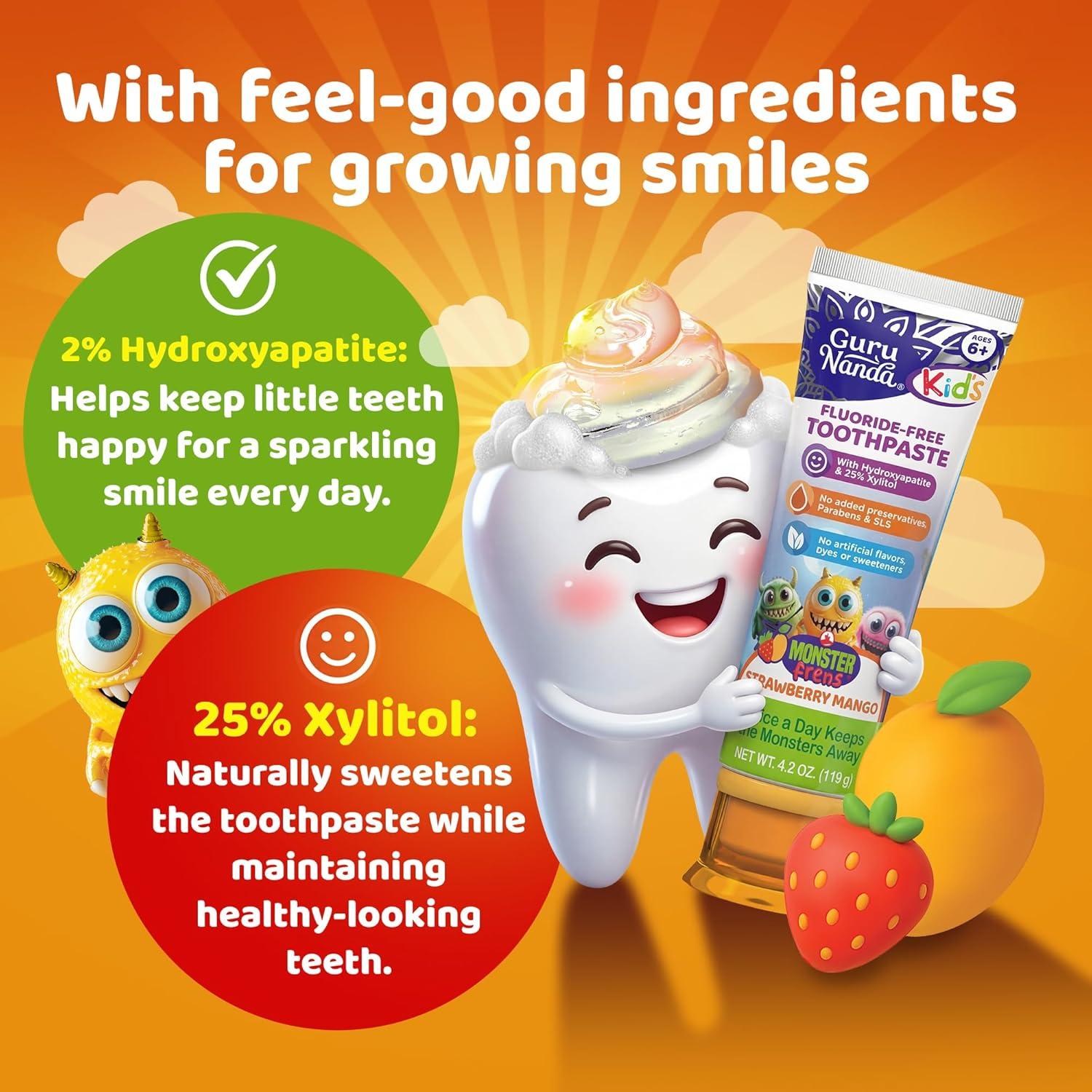 imageGuruNanda Kids Toothpaste with 2 Hydroxyapatite amp 25 Xylitol FluorideFree Strawberry Mango Flavor Safe if Swallowed Gentle amp Safe for Young Teeth amp Gums 42 oz42 Ounce Pack of 2