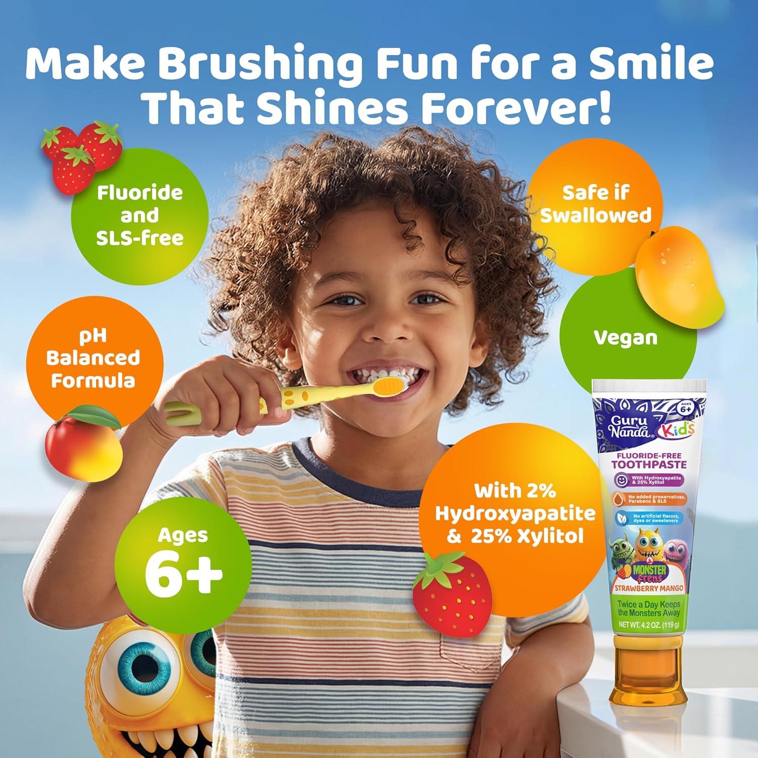 imageGuruNanda Kids Toothpaste with 2 Hydroxyapatite amp 25 Xylitol FluorideFree Strawberry Mango Flavor Safe if Swallowed Gentle amp Safe for Young Teeth amp Gums 42 oz42 Ounce Pack of 9