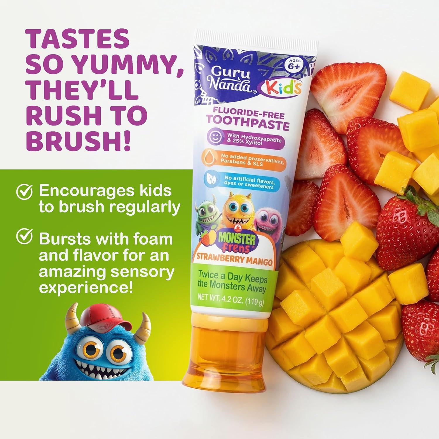 imageGuruNanda Kids Toothpaste with 2 Hydroxyapatite amp 25 Xylitol FluorideFree Strawberry Mango Flavor Safe if Swallowed Gentle amp Safe for Young Teeth amp Gums 42 oz42 Ounce Pack of 1