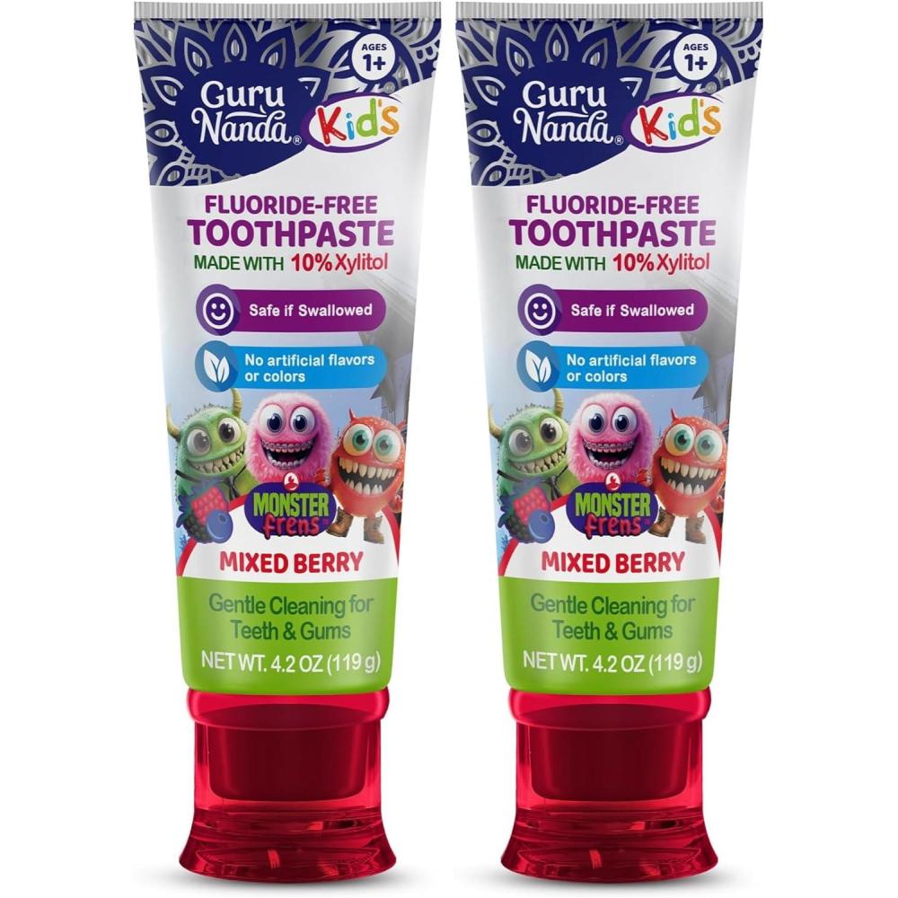imageGuruNanda Kids Toothpaste for Toddlers with 10 Xylitol  FluorideFree Mixed Berry Flavor Safe if Swallowed Gentle amp Safe for Young Teeth amp Gums 42 oz42 Ounce Pack of 2