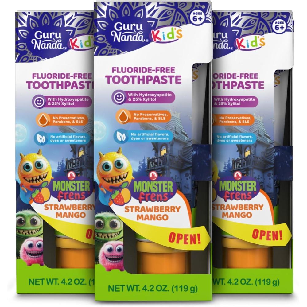 imageGuruNanda Kids Toothpaste with 2 Hydroxyapatite amp 25 Xylitol FluorideFree Strawberry Mango Flavor Safe if Swallowed Gentle amp Safe for Young Teeth amp Gums 42 oz42 Ounce Pack of 3