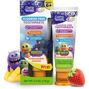 GuruNanda Kids Toothpaste with 2% Hydroxyapatite & 25% Xylitol, Fluoride-Free, Strawberry Mango Flavor, Safe if Swallowed, Gentle & Safe for Young Teeth & Gums, 4.2 oz(4.2 Ounce (Pack of 1))